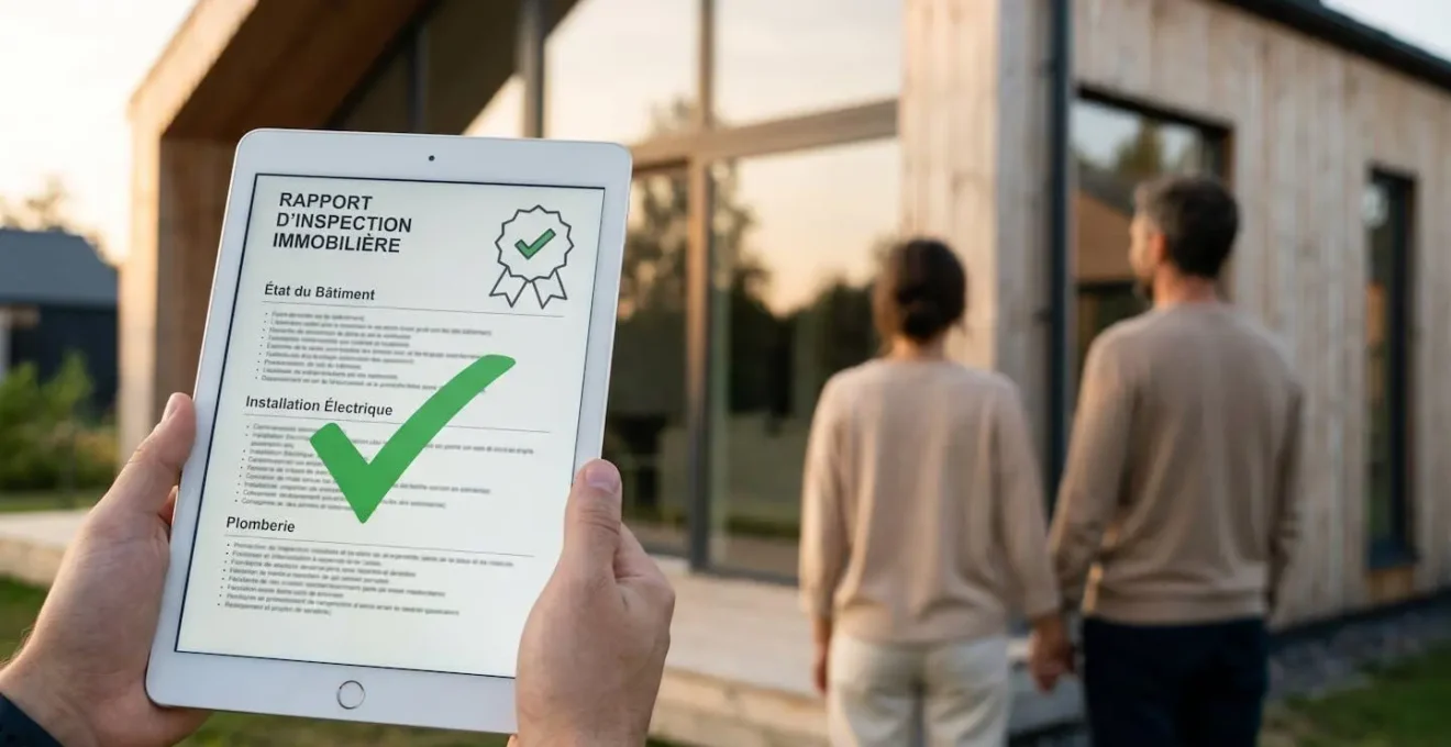 Couple devant une maison moderne, au premier plan une tablette affichant un rapport de contrôle technique validé avec coche verte, symbolisant sécurité et transparence transaction immobilière.