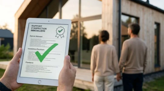 Couple devant une maison moderne, au premier plan une tablette affichant un rapport de contrôle technique validé avec coche verte, symbolisant sécurité et transparence transaction immobilière.