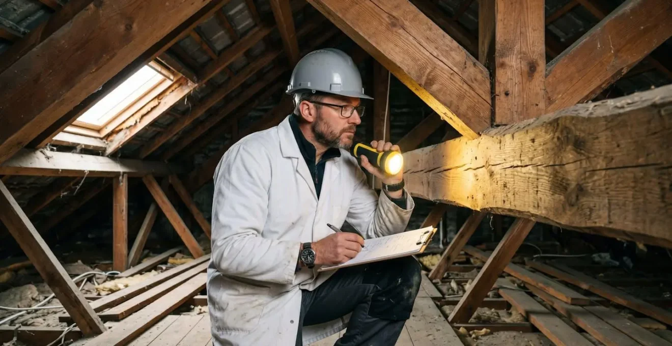 Diagnostiqueur professionnel en blouse et casque inspectant une charpente en bois dans un comble avec une lampe torche, symbolisant rigueur et expertise du contrôle technique CLE.