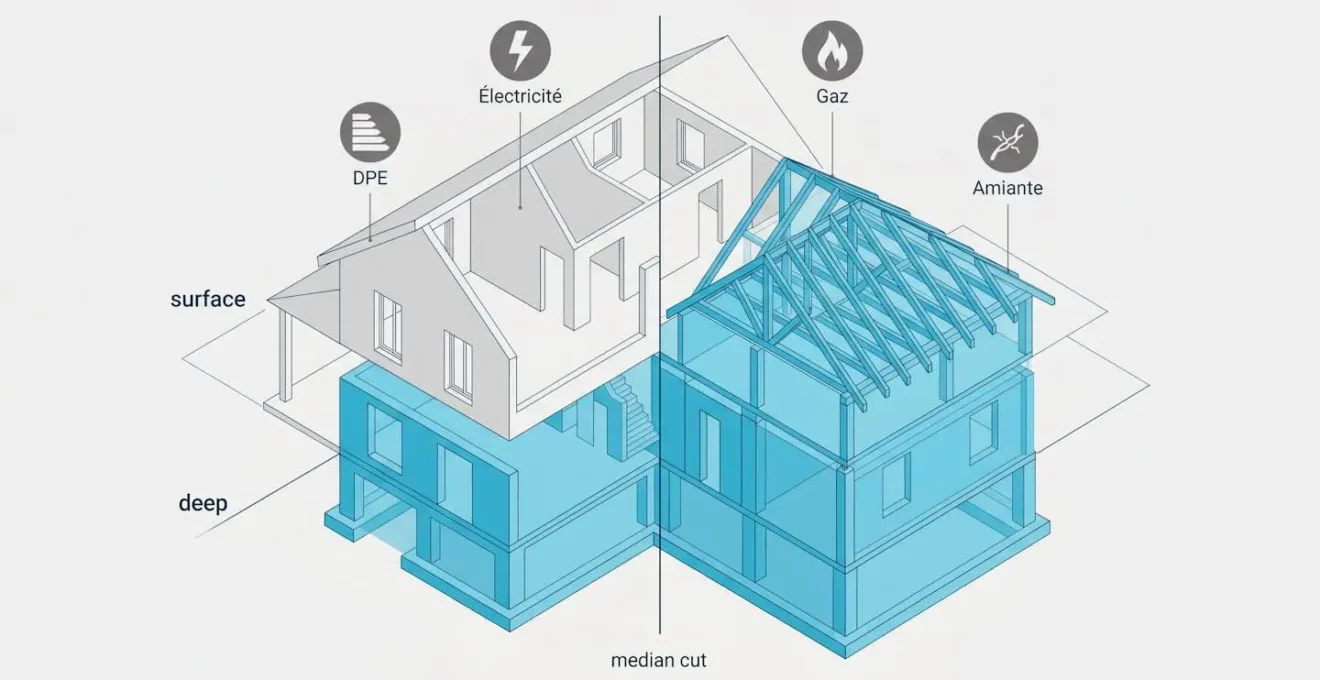 Illustration en coupe isométrique d'une maison montrant en surface les diagnostics obligatoires (DPE, électricité) et en profondeur la structure porteuse et fondations vérifiées par contrôle CLE.